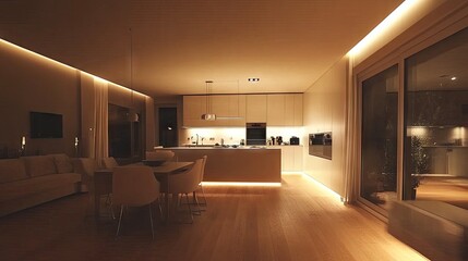 LED recessed ceiling lights providing efficient lighting in a sleek, modern home.