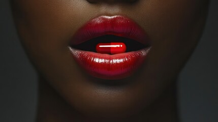 Fototapeta premium Close-up of a woman's mouth with her tongue protruding and a one red pill on it