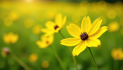 Obraz premium Bright yellow petals with dark centers sway gently in summer breeze, Blooming flowers, Yellow, Summer meadow