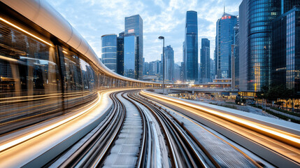 Fototapeta premium dynamic photograph of urban train tracks curving through city skyline