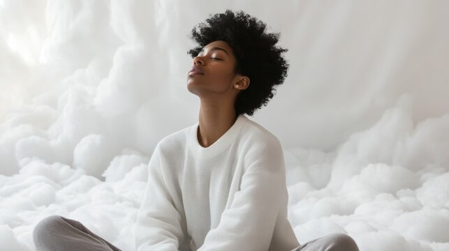 A woman is sitting on a bed with white clouds surrounding her
