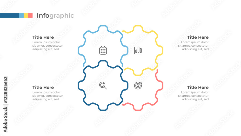 Poster vector thin line elements with 4 options interconnected gears representing a process or workflow.