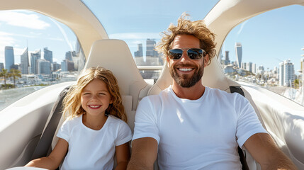 family enjoying ride in futuristic electric SUV with city view