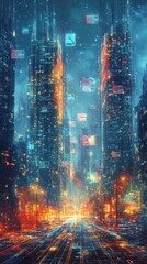 Naklejka premium A vibrant cityscape illuminated by neon lights and digital displays in a futuristic setting.