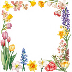 Fototapeta premium Colorful floral border featuring various spring flowers in a vibrant arrangement suitable for invitations or decorative purposes