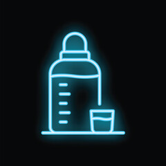 Glowing neon illustration of a baby bottle with a small cup next to it, on a black background