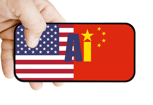 Phone with US and China flags. China and US artificial intelligence or AI competitions