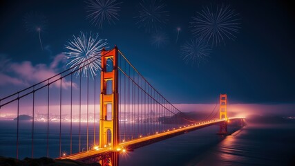 Obraz premium Majestic Golden Gate Bridge Illuminated by Colorful Fireworks Display at Night Over San Francisco Bay