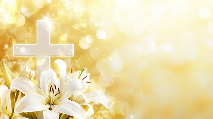 Religious Easter-themed design featuring a white cross and lilies on a luminous gold background, symbolizing hope and renewal