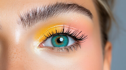 Obraz premium Bright eye makeup with yellow and pink shades, showcasing artistic style
