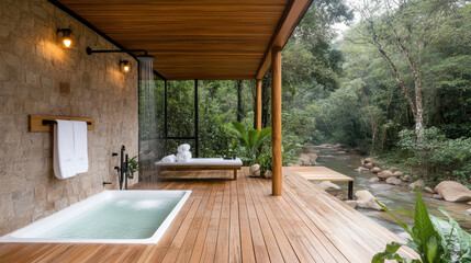 Luxurious outdoor shower and bathtub in serene glamping retreat