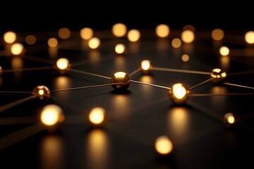 3d Social networking gold chrome nodes background, interconnected by golden lines to form a grid structure, indicating interconnections and relationships in the social community or business