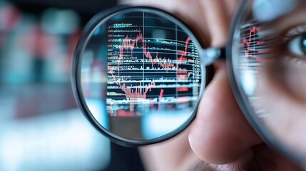Person analyzing data through magnifying glass for financial insights and trends.
