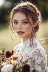 Naklejka premium Portrait of a Young Woman with Flowers in a Natural Setting