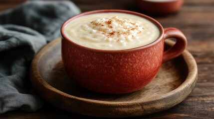 Creamy rice pudding in a rustic mug.