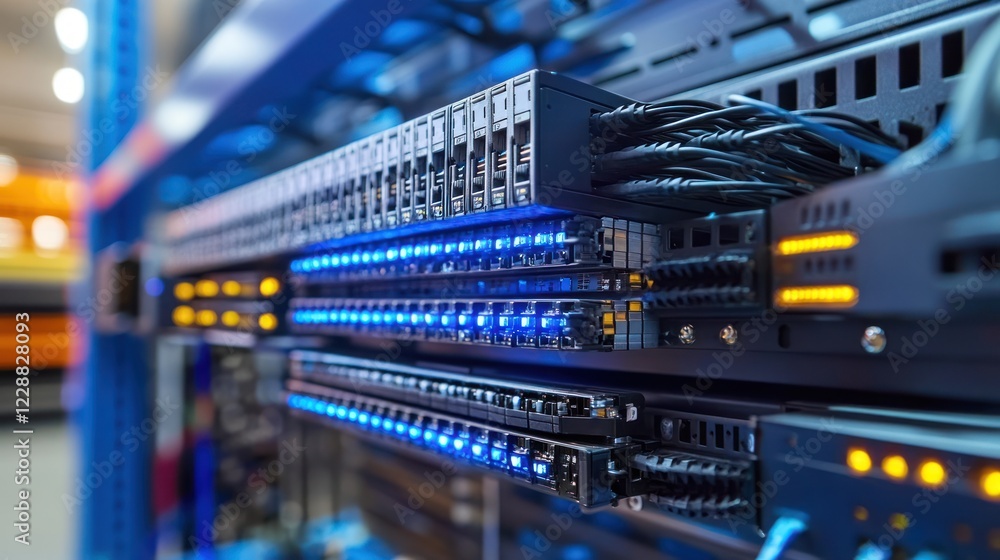 Poster illuminated server rack with network cables and hardware.
