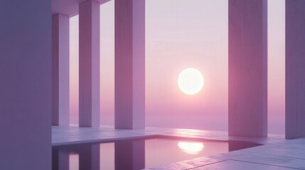 Serene sunset view through modern pillars with tranquil water reflecting soft colors