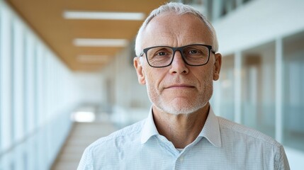 Fototapeta premium Professional man with glasses standing in a modern office corridor, looking confident.