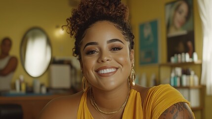 A stylist in a vibrant salon, smiling and poised, displays a beautiful blend of confidence and creativity with bold hairstyling.