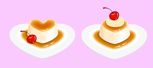 delicious pudding Heart shape topping cherry