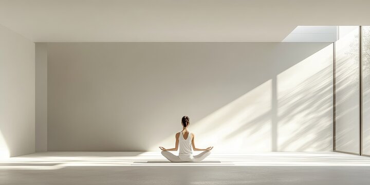 A woman is sitting in a yoga pose in a room with a white wall