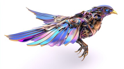 Mechanical bird in flight, white background, digital art, tech concept