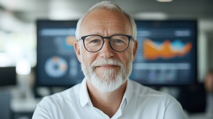 Fototapeta premium Senior business professional with glasses smiling in a modern office environment.