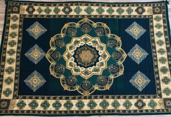 Intricate Green and Gold Medallion Rug: Luxurious Oriental Carpet Design
