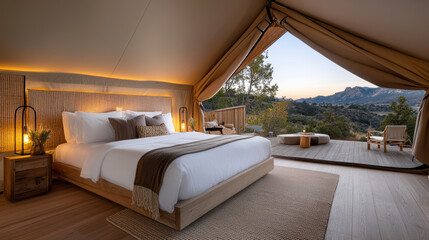 Luxurious glamping tent with king sized bed and stunning mountain view