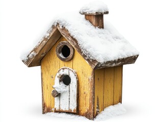 Snow-covered rustic yellow wooden birdhouse.