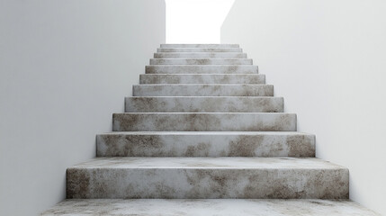 Concrete staircase ascending toward bright white background symbolizing progress, success, and clarity in a modern, minimalistic design with empty caption space for text