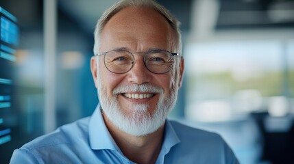 Fototapeta premium Smiling elderly man in a professional setting, showcasing confidence and experience.