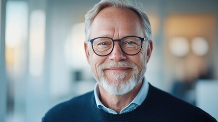 Obraz premium Smiling elderly man with glasses in a modern office setting, radiating warmth and wisdom.
