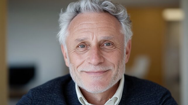 Smiling elderly man with gray hair looking confidently at the camera in a cozy setting.