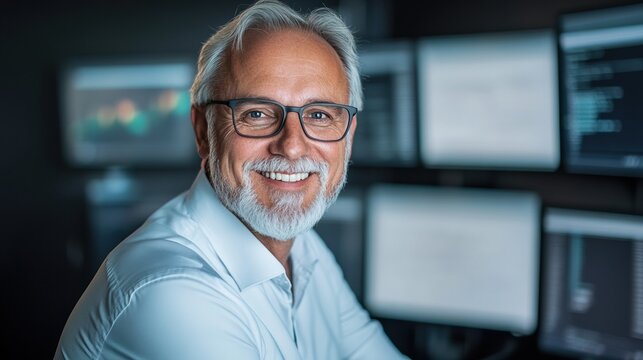 Smiling elderly professional working with multiple computer screens in a modern office.