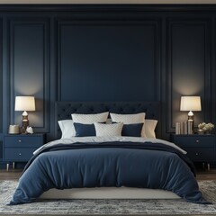 Modern bedroom interior with dark blue walls with a master bed standing with two nightstands lamps . 