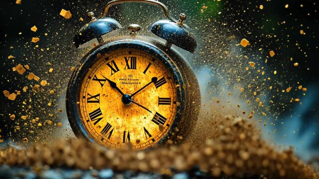 Vintage alarm clock surrounded by an explosion of sand in nature