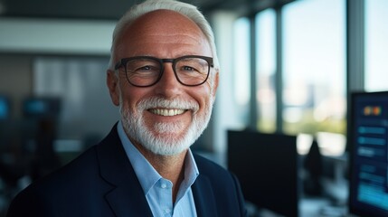 Fototapeta premium Smiling senior man in glasses in a modern office with a professional atmosphere.