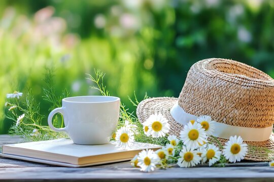 chamomile flowers next to a white cup, a book, a woven hat on a table in the garden, a sunny natural background. a summer seasonal composition in a rustic style. rest time. The volume to copy
