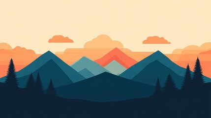 Stylized mountain landscape at sunset with vibrant colors and tranquil atmosphere.