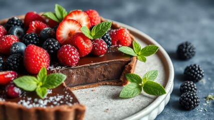 Rich Chocolate Tart with Fresh Berries and Mint on Rustic Plate