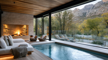 Fototapeta premium Luxurious mountain lodge with cold water plunge pool and stunning views
