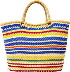 Colorful woven straw tote bag with striped pattern isolated on transparent background.generative AI
