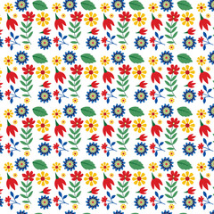 Seamless pattern with colorful flowers and leaves on white background.