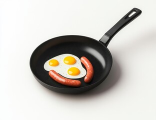 Three fried eggs and sausages in a black frying pan.