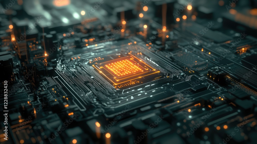 Aufkleber a high-tech scene with a glowing ai icon on a sleek black circuit board in a digital setting
