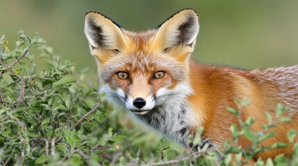 Fototapeta premium A vigilant fox peeks from lush undergrowth, its piercing eyes watching intently amidst rich foliage.