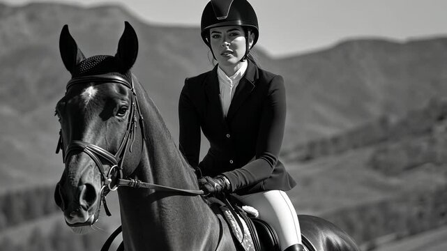 Equestrian rider confidently guiding her horse through a picturesque mountainous landscape