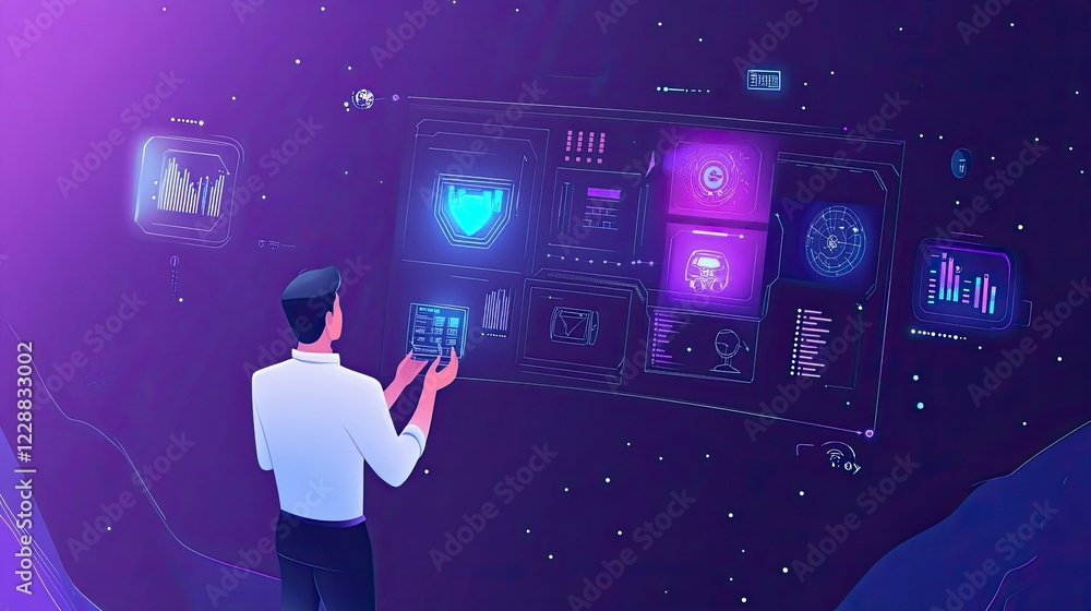 Poster a man demonstrating ai advancements in a futuristic setting with digital holograms and tech icons