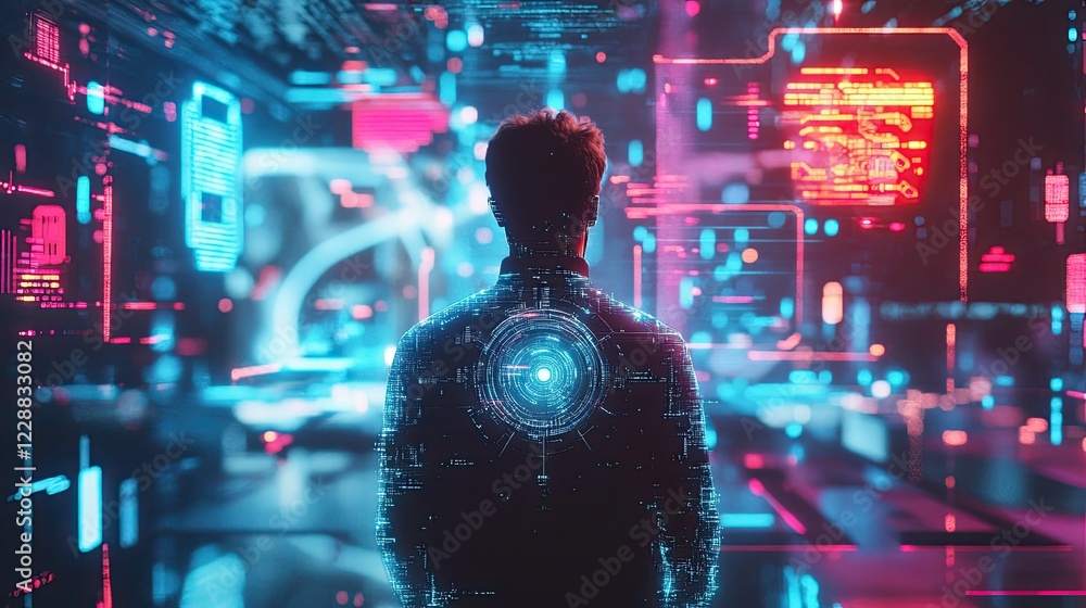 Poster a man presenting ai advancements, glowing tech symbols and digital interfaces creating a futuristic 